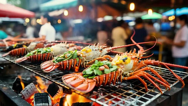 Grilled Spiny Lobsters over Charcoal at Thai Street Food Stall with Garlic Butter and Herbs
