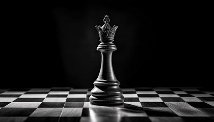 black and white image of a chessboard with a king piece standing tall leadership and strategy concept deep shadows cinematic lighting isolated black background