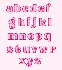 Display of the lowercase alphabet in a pink color with decorative swirls on a light pink background