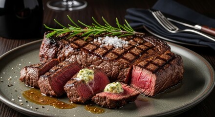 Delicious Grilled Beef Steak with Rosemary Garnish - Sizzling grilled steak with perfect sear, a testament to culinary skill. Symbolizing indulgence, celebration, comfort, richness, and craftsmanship