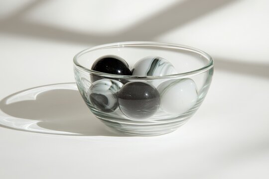 Glass bowl with black and white marble eggs on white background - Powered by Adobe