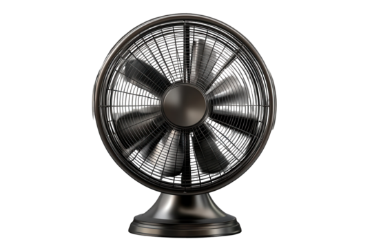 Electric fan with sleek design isolated on a transparent background, showcasing its modern features and functionality ideal for home or office use
