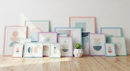 Framed Geometric Prints on Wooden Floor - A collection of framed prints featuring geometric designs leans against a white wall, adding modern . A potted plant sits in front of the prints