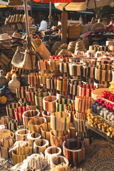 Basketry items at Rahba Kedima market square, in the Marrakesh souk, Morocco