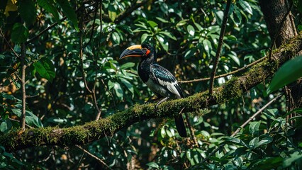 Tropical toucan bird perched on a moss-covered branch in dense green forest foliage. Wildlife and nature photography. Exotic bird species in their natural habitat.