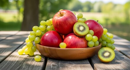 Fruit Bowl Still Life - Still life featuring red apples, green grapes and kiwi in a wooden bowl on a rustic table, set against a blurred background of greenery