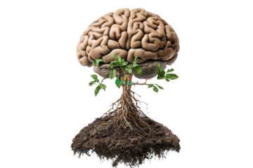 Brain growing roots deep into earth, symbolizing knowledge, connection, and growth in nature and human understanding