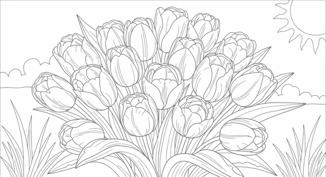 Exquisite Tulip Bouquet Line Art for Therapeutic Coloring Pages and Creative Design Projects, Ideal for Relaxation, Artistic Expression, and Educational Resources