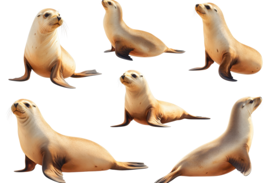 Collection of sea lions resting comfortably on a transparent background showcasing their unique postures and playful expressions