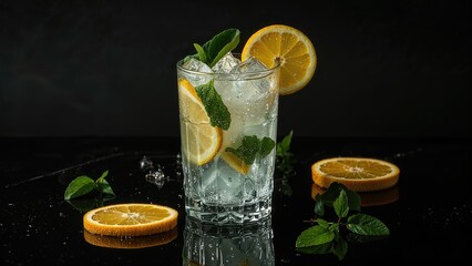 Fototapeta premium A refreshing drink with lemon slices and mint leaves in a glass, surrounded by lemon slices and mint on a dark background.
