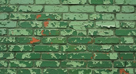 Fototapeta premium Green Brick Wall Texture - An old brick wall with peeling green paint, revealing hints of orange underneath. Provides a rustic and textured background