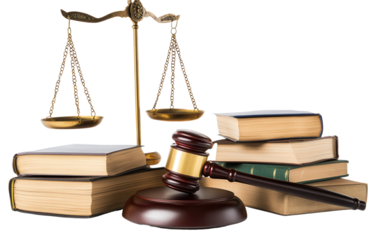 Wooden gavel rests beside law books and scales of justice in a courtroom setting during a legal proceedings