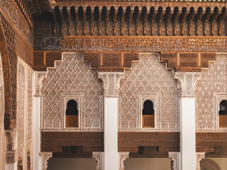 Ben Youssef Madrasa windows and carved ornament, in Marrakesh, Morocco