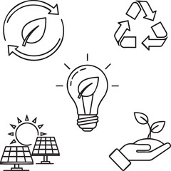 Ecology and energy related icons set. Including sustainability, recycling, green, power, solar, nature, and eco. Editable stroke. outline icons.