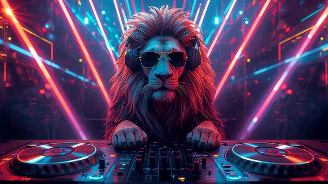 Neon Lion DJ Rocks Sunglasses and Turntables with Electric Laser Lights