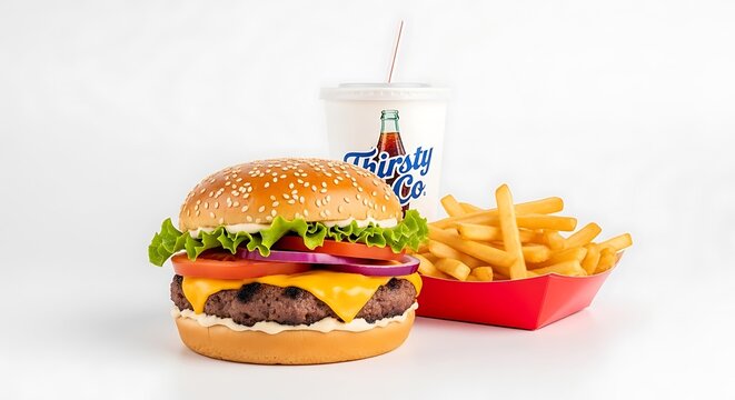 Delicious Burger, Fries, and Soda Meal Combo