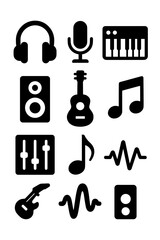 Collection of Black Music Icons and Symbols on a White Background Including Headphones Microphone Keyboard Speaker Guitar Notes Audio Mixer and Sound Waves
