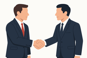 Fototapeta premium Two businessmen in navy blue suits shaking hands over a white background one wears a red tie and the other a dark blue tie presenting a professional agreement during a business meeting with neutral