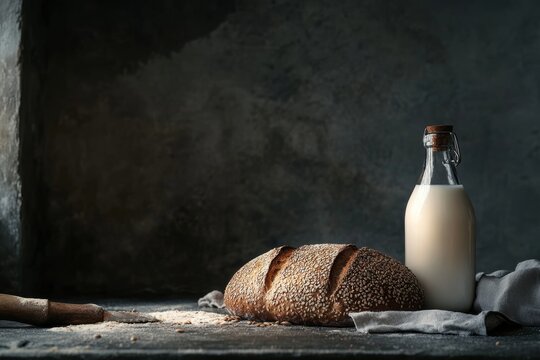 Rustic bread and milk on dark wooden table with natural lighting