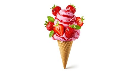 Delicious Strawberry Ice Cream Cone with Fresh Berries and Mint
