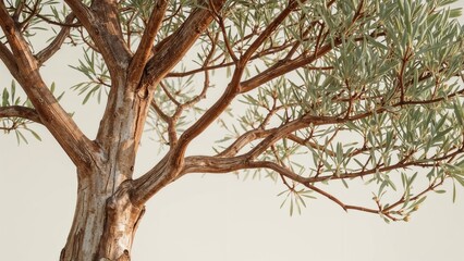 Fototapeta premium Tree trunk and branches with leaves against a neutral background.