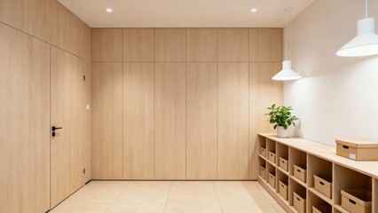 Minimalist room with wooden paneling, built-in storage, and hanging lights