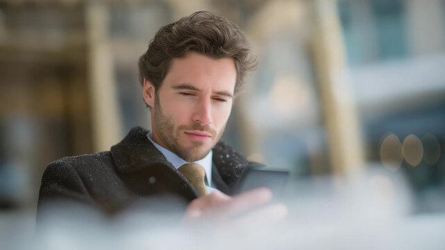 Entrepreneur using a transparent digital screen while walking through a snowy plaza, emotion of focus and innovation visible, symbolizing resilience, technology integration, and adaptability in