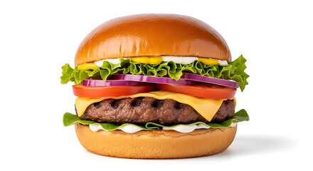 Delicious Gourmet Burger with Fresh Ingredients on White Background