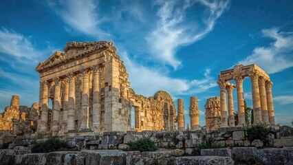 Fototapeta premium Ancient ruins with classical architecture and columns under a partly cloudy sky. Historic site and archaeology, concept. Architectural heritage and restoration.