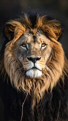 Majestic lion with a flowing mane gazes directly at the viewer in a serene natural habitat