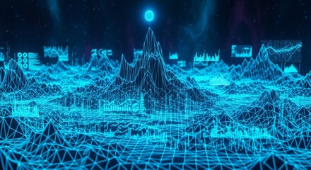 Neon Blue Wireframe Tech Landscape - Futuristic tech landscape with neon blue wireframes. Represents data visualization, connection, innovation, future, and technological advancement