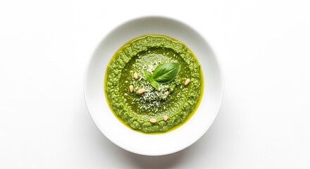 Fresh Pesto Sauce with Basil and Pine Nuts in White Bowl