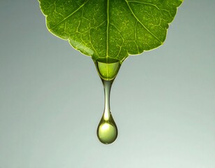 Fototapeta premium Serene Green: A macro view of a droplet of water clinging delicately to the edge of a vibrant green leaf, suspended in mid-air, a testament to the beauty and purity of nature.