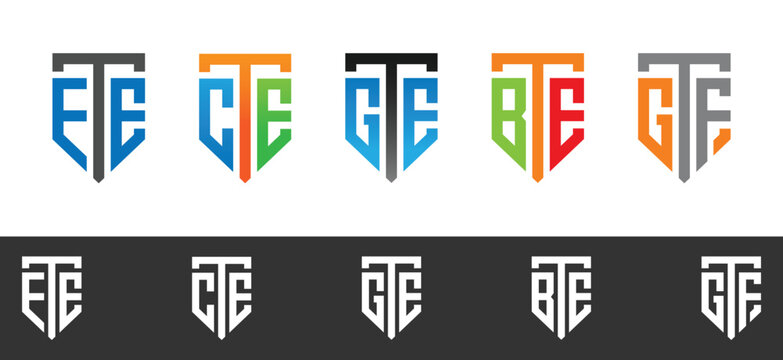 Five shield logos with letters T E C G B in blue orange green vector template black red gray