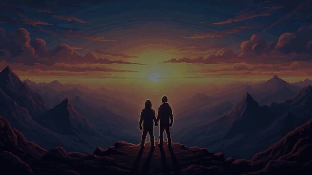 Pixel art couple watching mountain sunset digital animation scenic vista breathtaking colors.