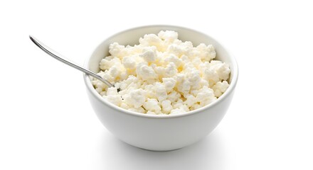 Fresh Cottage Cheese in White Bowl with Spoon