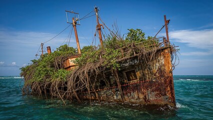 Abandoned shipwreck with overgrown vegetation in water, rusted hull visible, under a blue sky indicating a shipwreck and decay.