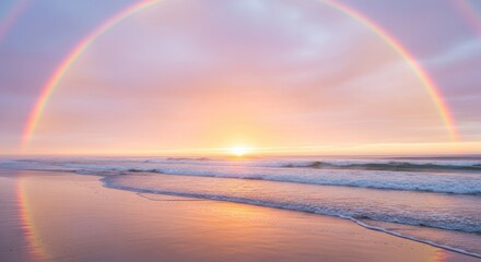 Rainbow Over Calm Ocean Beach - Serene beach scene with a vibrant rainbow arcing over the ocean at sunset. Soft pastel colors create a peaceful and calming atmosphere