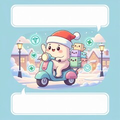 Cute Christmas Delivery Character Riding Scooter with Gift Boxes in Winter Holiday Scene