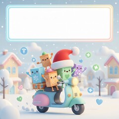 Cute Christmas Delivery Character Riding Scooter with Gift Boxes in Winter Holiday Scene