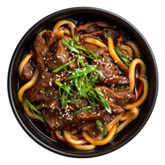 A delicious bowl of Japanese beef udon noodles topped with tender meat fresh scallions and toasted sesame seeds in a rich savory broth