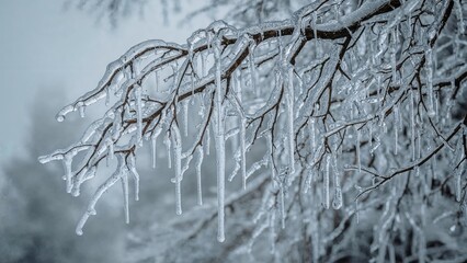 Frozen branch with icicles hanging, winter scene, cold weather, ice formation, nature, snow, winter landscape.
