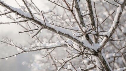 Snow-covered tree branches in winter scene. Nature and weather, cold season. Frost and snow, winter landscape. The simplicity of snow on branches.