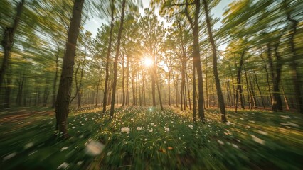 Naklejka premium Sunlight streaming through trees in a forest with flowers on the ground, captured with a motion blur effect.