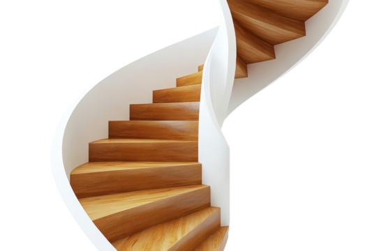 Elegant spiral staircase design showcases modern architecture in a bright, airy space with smooth white walls and warm wooden steps - Powered by Adobe
