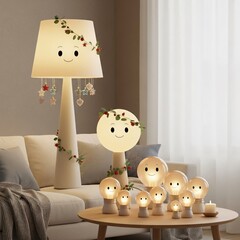 Cute Christmas Lamp Character Family in Cozy Holiday Living Room Decoration