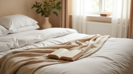 Cozy bedroom with made bed open book and natural light