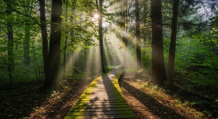 Obraz premium Sunlight Through Forest Path - A beautiful wooden path winds through a sunlit forest, with beams of light streaming through the trees, creating a serene and magical atmosphere
