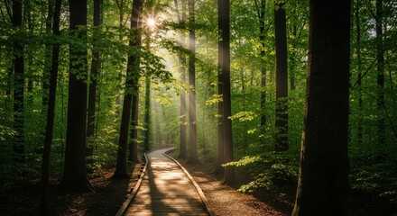 Fototapeta premium Sunlight Through the Forest Canopy - A scenic shot of a winding path through a lush green forest, illuminated by sunlight filtering through the trees