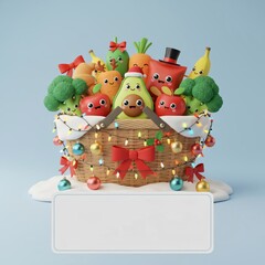 Cute Christmas gift basket with happy fruit and vegetable characters decorated with lights and festive ornaments